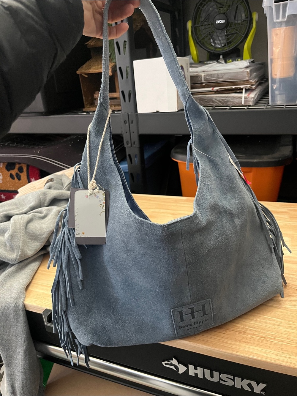 NWT Haute Hippie Slate Blue Genuine Suede Fringe Hobo Shouler Bag Western - Picture 6 of 10